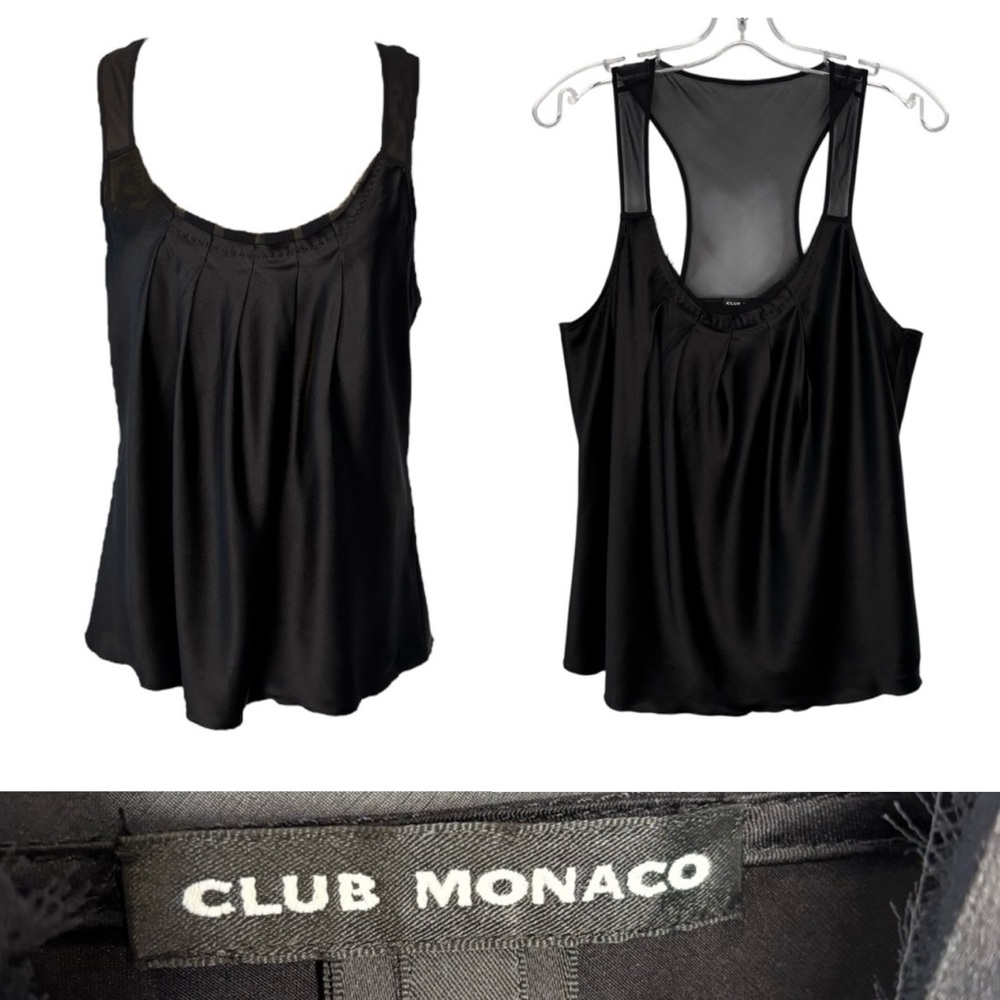 CLUB MONACO Silk Black racer style Tank Top shell pleats semi-sheer size Large - Picture 3 of 9